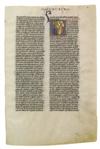MANUSCRIPT LEAVES   ANIMAL SACRIFICE.  Vellum leaf from Vulgate manuscript with historiated initial V in Leviticus 1:1. Paris, ca. 1250